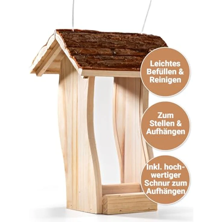 CULT at home Vogel Futterhaus Holz, hängendes Futterhäuschen für Wildvögel mit abnehmbarem Dach und herausnehmbaren Scheiben, 21 x 20 cm, Höhe 30 cm – Bild 5