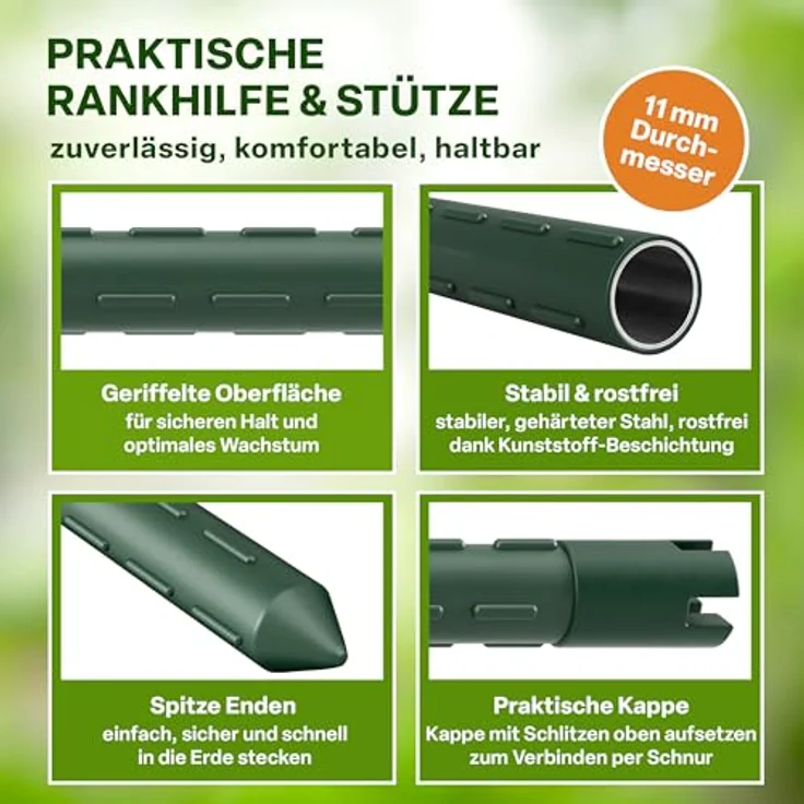 TTL GARDEN Rankstäbe 15er Set, 150cm grün, aus rostfreiem Stahl, mit Klettband und Clips, optimale Rankhilfe für Tomaten, Gurken und Blumen – Bild 4