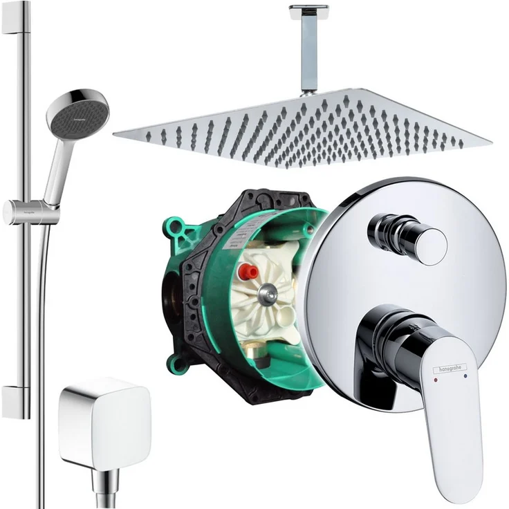 Hansgrohe und Jowi Duscharmatur Focus, Unterputz Duschsystem mit Regendusche (250mm/300mm/360mm), Strahlartenumstellung durch Select-Taste, Edelstahl