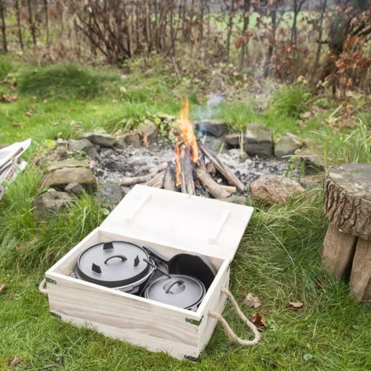 Esschert Design Dutch oven Set 7teilig aus Gusseisen, Paulownienholz und Juteseil, 28,9 x 28,0 x 15,8 cm – Bild 5