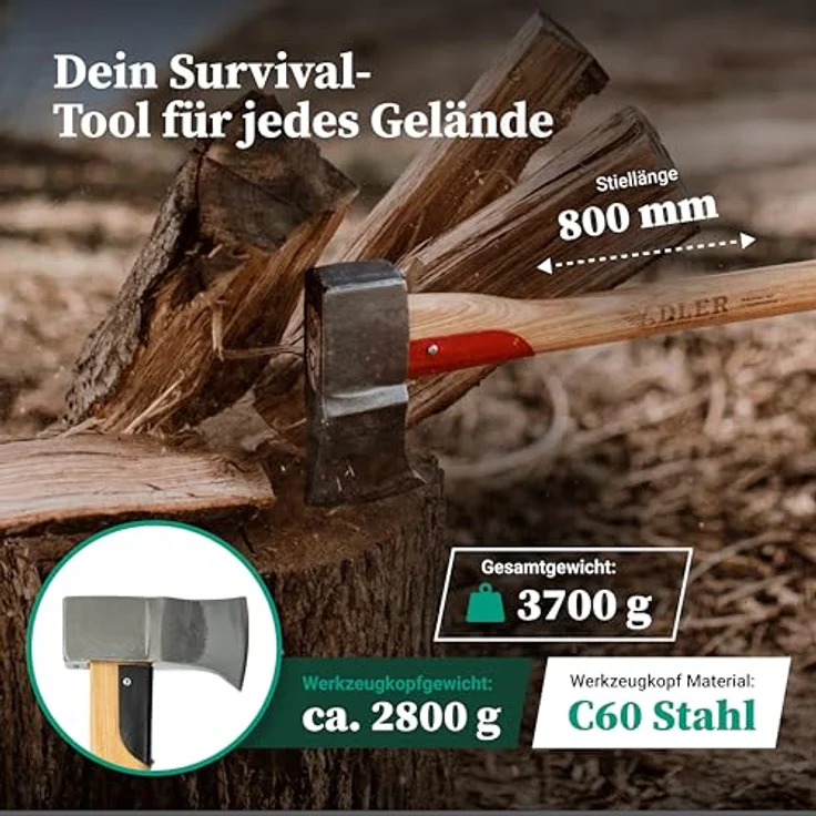 Adler Super Spalter Axt: Robuste Holzaxt mit C60-Stahlkopf & 80 cm Hickory-Stiel, Maximale Spaltwirkung, Grün/schwarz, 2,8 kg – Bild 2
