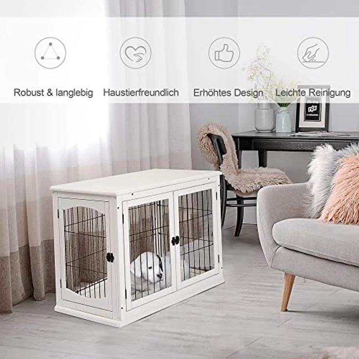PawHut Hundehütte Hundehaus Transportbox Kleintierkäfig für Innen Hundebox Tierkäfig Haustier MDF Metall Weiß 81 x 58,5 x 66 cm – Bild 4