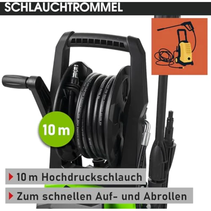 BRAST Hochdruckreiniger Elektro Power 2200W, 165 bar, 468 l/h Fördermenge, inkl. 11-tlg. Zubehörset, mobiler Flächenreiniger, 10m Hochdruckschlauch mit Schlauchtrommel – Bild 9