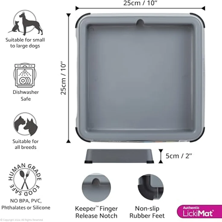 LickiMat Futternapf Keeper, grauer Fressnapf mit Gummifüßen und hochziehbarer Aussparung, 25,3 x 25,3 x 5 cm – Bild 2