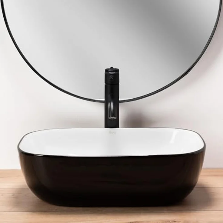 Rea Waschbecken Aufsatzwaschbecken Keramik Rechteckig Schwarz Weiß, 33x46 cm für Badezimmer – Bild 3