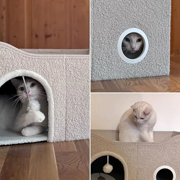 hjh LIVING Pawy Eb Katzenkorb, eckiges Hundebett + Katzenbett mit faltbarem Design, stabiler Konstruktion und Kratzbrett, Bouclé-Stoff, inklusive Teddy-Kissen – Bild 3