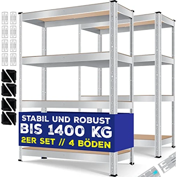 MASKO 2er-Set Lagerregal Schwerlastregal, Kellerregal , bis 875 kg belastbar, 5 verstellbare Ablagen, MDF-Platten Regal aus Metall, Steckregal, Werkstattregal, Keller, Garage 2x 160x80x40cm 4-Böden, 2x Silber 700kg – Bild 2