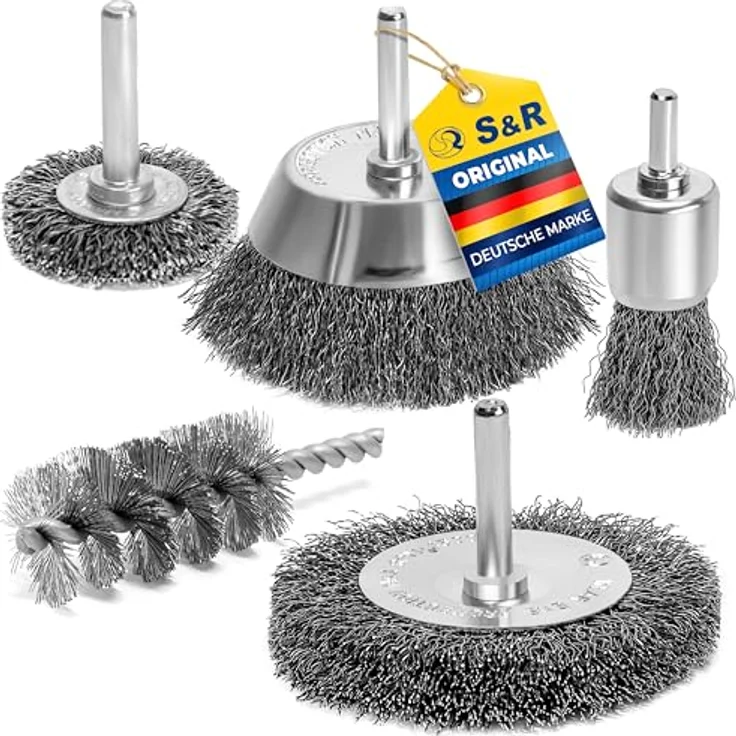 S&R Drahtbürste Set für Bohrmaschinen, gewellter Stahldraht - Rundschaft 6mm, Winkelschleifer, Flex, 5-tlg, für Sicheres entrosten, entgraten, abtragen, schleifen, Farbe: 5-tlg. – Bild 2