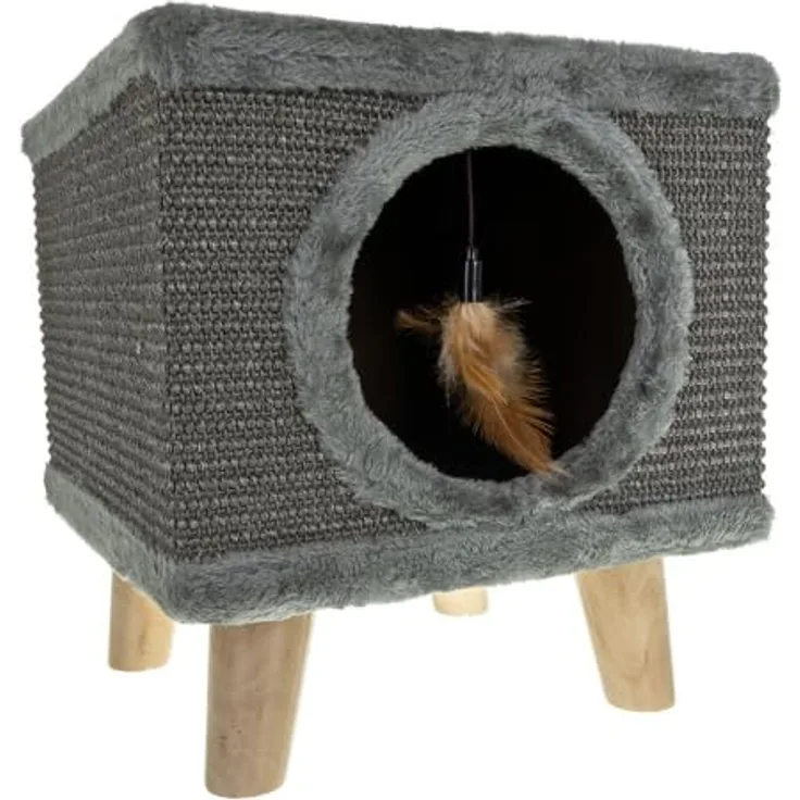 PURLOV Katzenhaus & Kratzbaum aus Sisal mit Plüsch, 2-in-1 Möbel für Kitten & Katzen, kompakt 38×32×32 cm, stabile Holzfüße, integriertes Spielzeug, schützt Möbel