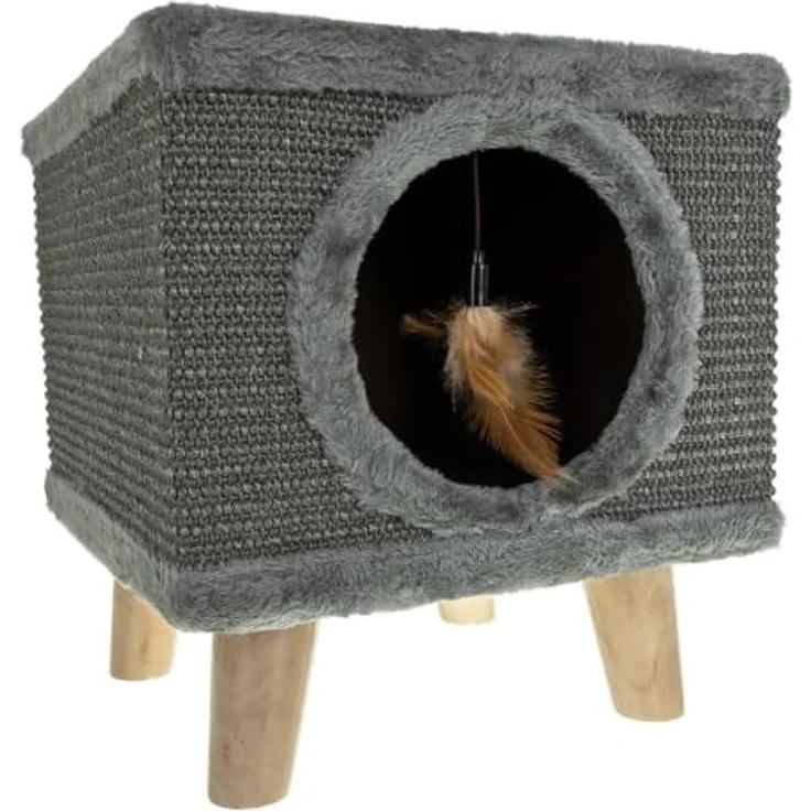 PURLOV Katzenhaus & Kratzbaum aus Sisal mit Plüsch, 2-in-1 Möbel für Kitten & Katzen, kompakt 38×32×32 cm, stabile Holzfüße, integriertes Spielzeug, schützt Möbel – Bild 1
