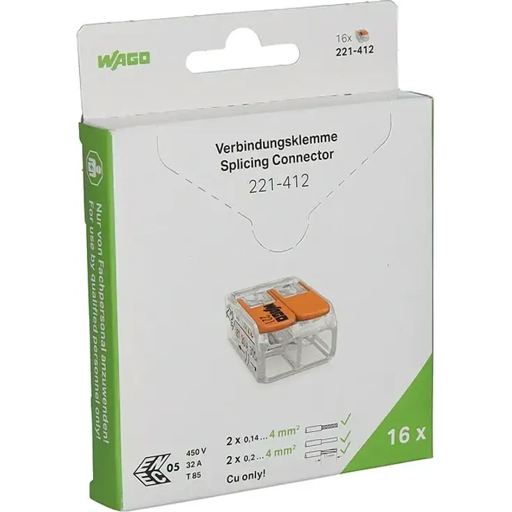 Wago Compact Hebelklemme 221-412, 2 Leiter, 0,14 mm² - 4 mm², 16 Stück, platzsparend und werkzeuglos lösbar