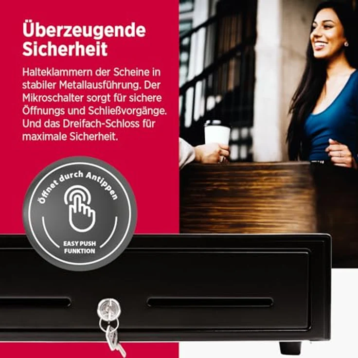 Olympia LD 410AT Kassenschublade | Geldkassette abschließbar mit Einwurfschlitz | RJ12-kompatibel | 8 Münz- & 4 Scheinfächer + Halteklammern | Metallgeldbox für Handel & Gastronomie | 41,5x41x10,4 cm, schwarz – Bild 4