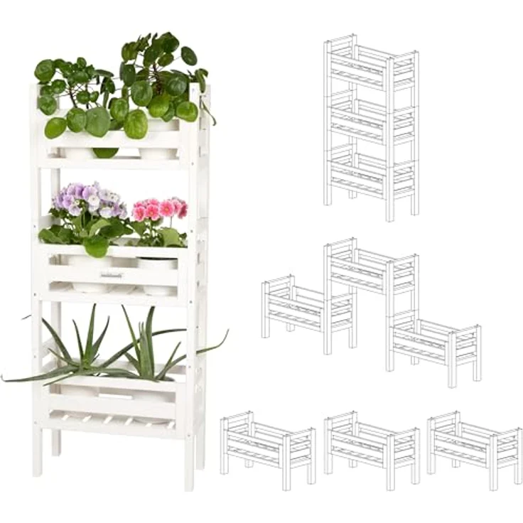 needs&wants® Blumenständer Pflanzenständer Blumentreppe Pflanzenregal Pflanztreppe, 3-fach stapelbar, Weiß holzfarben – Bild 2