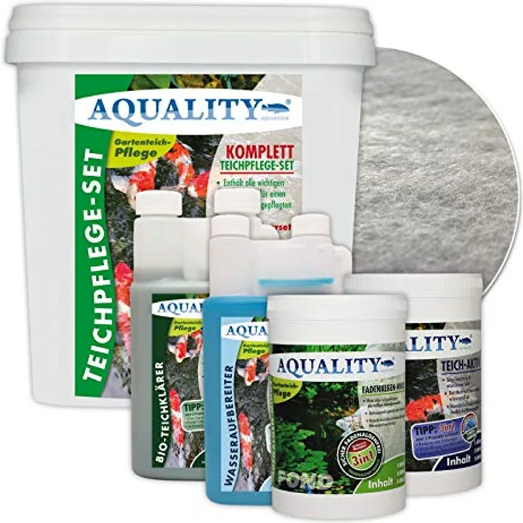 AQUALITY 5er Teichpflege Komplettset (Perfekte Gartenteich-Pflege. Wasseraufbereiter, Teichklärer, Teich-Aktiv und Fadenalgen-Vernichter + GRATIS Filtervlies), Set-Größe:Base Teichpflege-Set