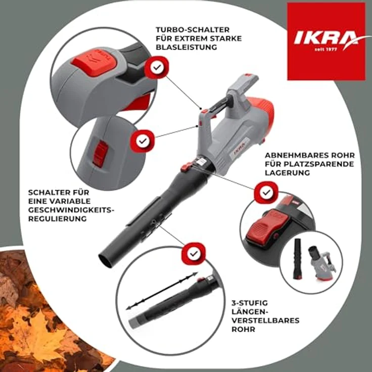 IKRA 36V Akku Laubbläser IB-LB 36, Blasgeschwindigkeit bis 215 km/h, kompatibel mit Bosch, variabel einstellbar, ergonomisch, grau – Bild 3