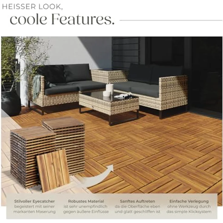 tectake Terrassenfliesen Tabula, 3,844 m², 40-teiliges Set mit Klicksystem, Akazienholz, rutschfest und wetterfest – Bild 3