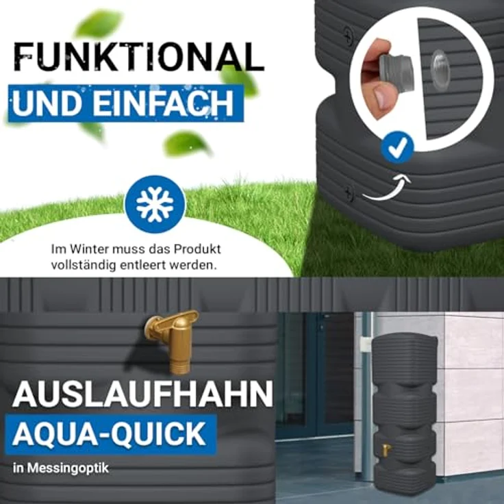 4rain Quadro Regentonne Wandtank Komplett-Set 170 Liter Graphite Grey, inkl. Kunststoff-Auslaufhahn und Fallrohranschluss, für schmale Standorte, schlichtes Design für Balkon und Garten – Bild 5