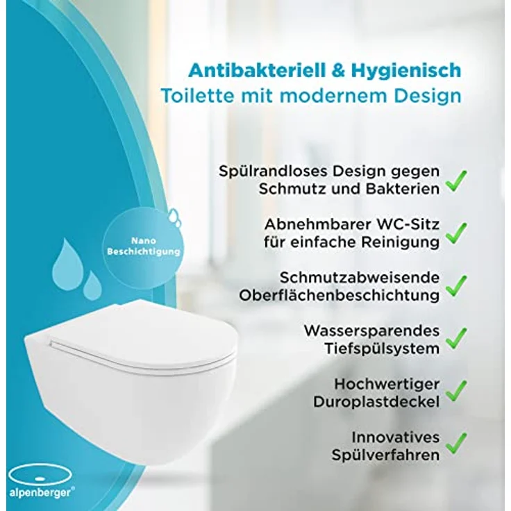 Alpenberger Wand WC Spülrandlos | Nano Beschichtung Keramik Toilette & Toilettendeckel mit Absenkautomatik | Hänge WC Set Kloschüssel | Toilettenschüssel Passend Geberit (Elegant IN) – Bild 4