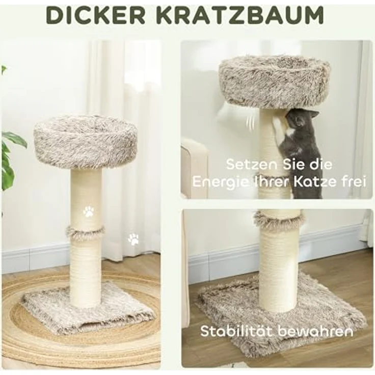 PawHut Katzenbaum 87 cm hoch mit Bett, dickem Stamm, Sisal-Kratzsäulen, für Katzen bis 6 kg, Braun – Bild 3
