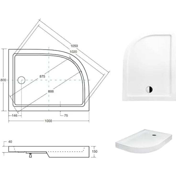 KOLMAN Duschwanne 100x80 cm Rechts Viertelkreis, integrierte Schürze, Weiß, strapazierfähiges Sanitäracryl, Ablaufgarnitur Ø 90 mm und Füße – Bild 4