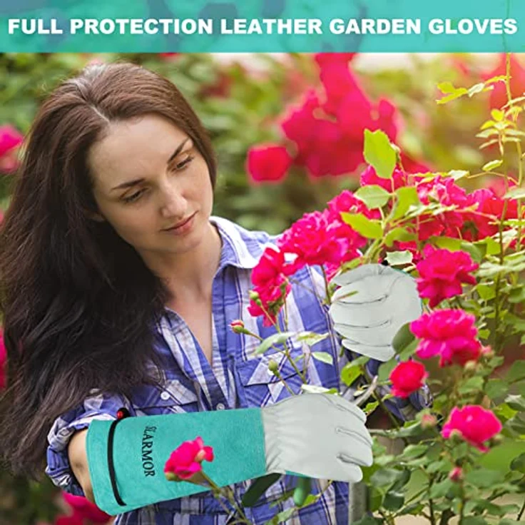 SLARMOR Gartenhandschuhe aus Leder, Dornensicher mit Unterarmschutz, lange Rindsleder Arbeitshandschuhe für Damen und Herren zum Beschneiden von Rosen – Bild 4