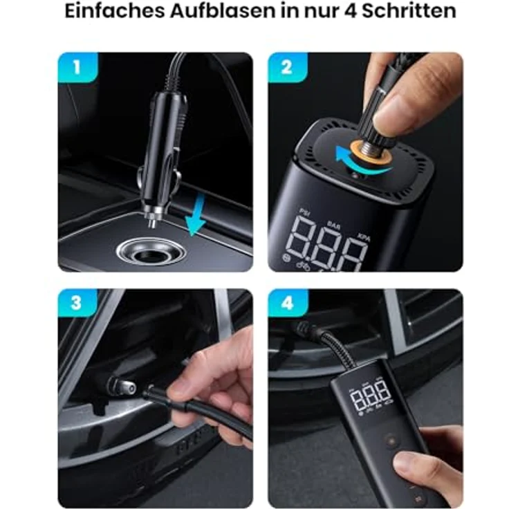 UGREEN Luftpumpe 12V, Elektrischer Kompressor mit digitaler Anzeige, 0.2-10.3bar / 3-150psi, tragbare Reifenpumpe für Fahrräder, Motorräder und Autos mit LED Licht – Bild 4