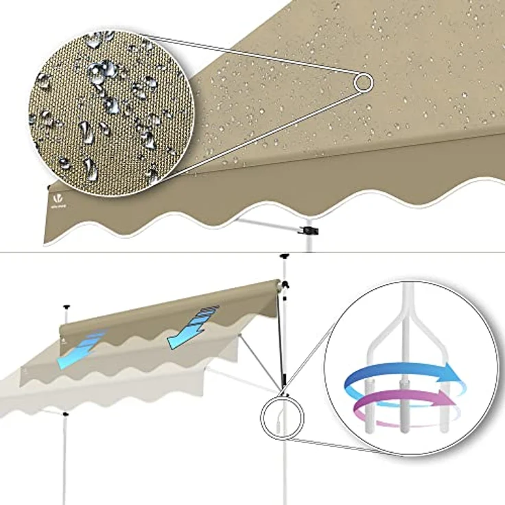 VOUNOT Klemmmarkise Balkon mit Handkurbel, höhenverstellbar Balkonmarkise ohne Bohren, UV-beständig, Wasserdicht & Sonnenschutz, 300 cm breit, Beige – Bild 5