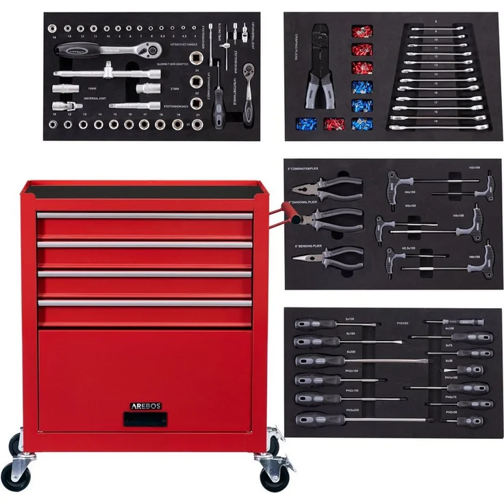 Arebos Werkstattwagen Rollwagen Werkzeugkiste Toolbox, mit Werkzeug, 81-tlg. Werkzeugset, (Komplett-Set) - Robuster Stahl, 4 Schubladen inkl. Werkzeuge, Antirutschmatten, kugelgelagerte Schubladen – Bild 1