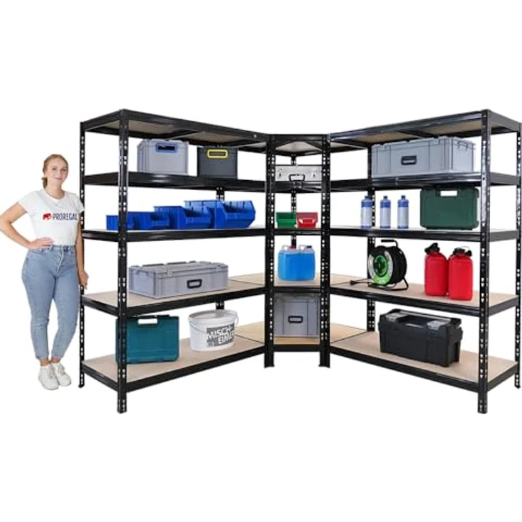 Proregal Eckregal Mega Deal Schwarz + 2x Schwerlastregal Tiger, H 180 cm, B 120 cm, T 60 cm, Traglast 175 kg pro Boden, 5 Böden, einfache Steckmontage – Bild 3