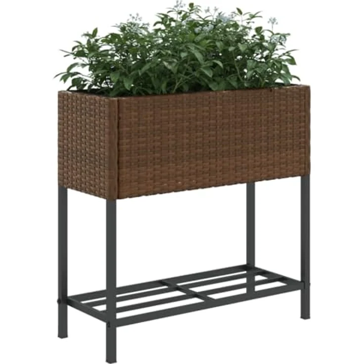 vidaXL Pflanzkübel mit Ablage Braun Poly Rattan, langlebiges PE-Rattan, stabiles Stahlgestell, praktische Ablage – Bild 4