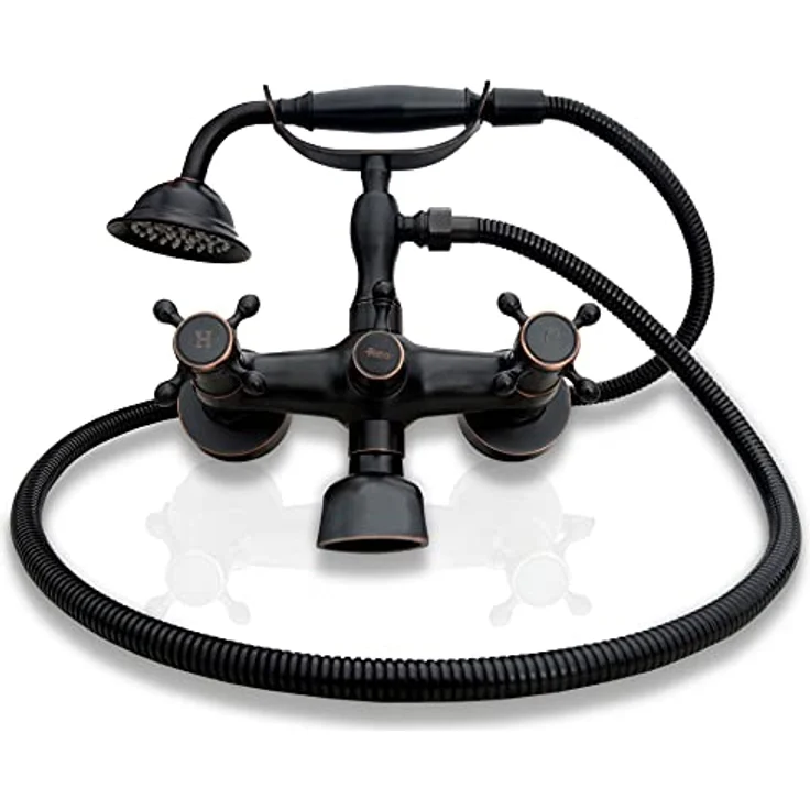 Rea Jahrgang Mischer Antippen Wasserhahn, Retro Badewannenarmatur mit schwarzem Duschkopf, Wandmontage, 265 mm Höhe – Bild 1