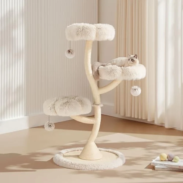 Fudajo Designer Kratzbaum, Ø 59 cm, 125 cm hoch, 3 Etagen mit Sisal und Plüsch, bis 15 kg belastbar, Katzenmöbel mit 3 Mulden – Bild 2