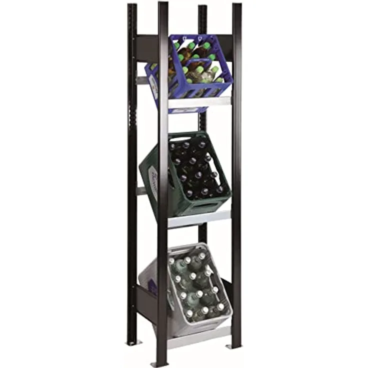 SCHULTE Regalwelt Getränkekistenregal für bis zu 3 Kisten, 180x40x30 cm (HxBxT), Traglast pro Ebene 60 kg, schwarz-silber, Getränkeregal, Bierkistenregal, Flaschenkastenständer, Wasserkistenregal