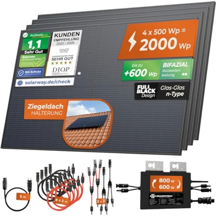 Solarway® Balkonkraftwerk 2000W / 800W, vollständiges Set mit 4 x 500W bifazialen FULL BLACK Solarmodulen und 800W Envertech Wechselrichter – Bild 2