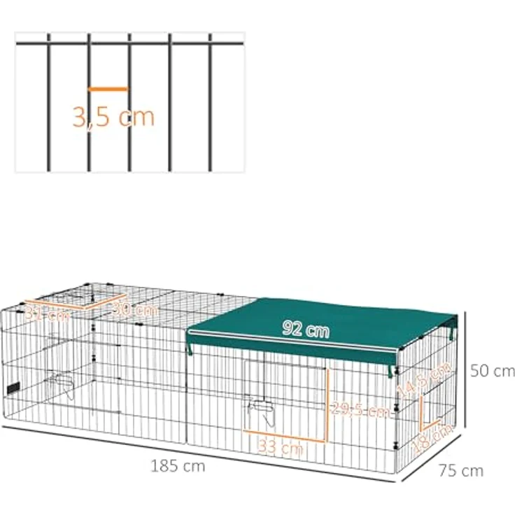PawHut Kleintierkäfig, Haustier-Laufstall mit 5 Türen, Kaninchenstall, Kleintierlaufstall mit Dach, für draußen, 185 x 75 x 50 cm, Grün – Bild 5