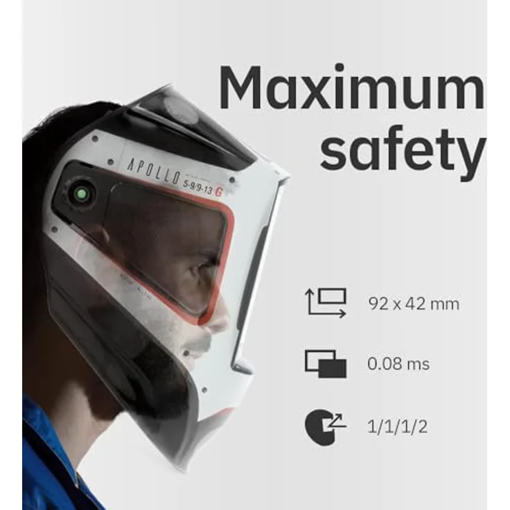 GYS Lasmaske LCD Apollo +, Schutzhelm für Schweißarbeiten mit True Color Technologie, einstellbarer Farbtonstufe 5-13, panoramisches Sichtfeld 100 x 67 mm, Reaktionszeit 0,15 ms, Solar- und Batteriebetrieb – Bild 3