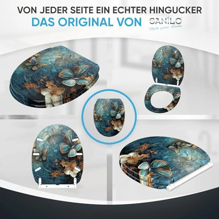 Sanilo WC Sitz mit Absenkautomatik Top Fix Mariposa, antibakterielle Holz-Oberfläche, verstellbare Scharniere, 4-seitiger Druck – Bild 6
