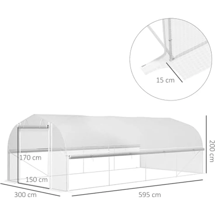Outsunny Gewächshaus 6 x 3 x 2 m Foliengewächshaus mit 8 Fenster & Tür, Aufrollbar Seitenwänden, UV-beständiger Folientunnel Tomatenhaus mit verzinkten Stahlrahmen, Weiß – Bild 5