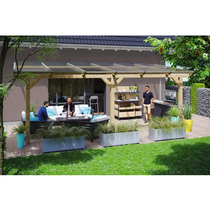 GartenHaus SKAN HOLZ Terrassenüberdachung Bormio, 648 x 350 cm, massive Leimholzkonstruktion, farblich unbehandelt, Dacheindeckung aus 10 mm Polycarbonat-Doppelstegplatten