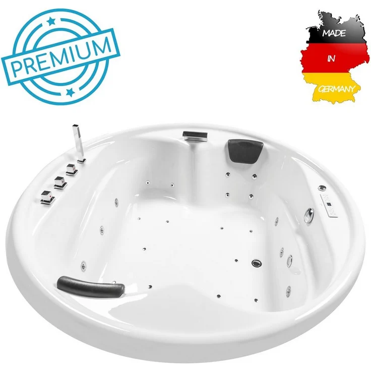 Basera® Whirlpool-Badewanne PREMIUM Indoor Podest-Whirlpool Badewanne XXL Gomera Rund 182 x 182 cm, weiß, mit 28 Massagedüsen, Heizung, Ozongenerator, Bodenansaugung – Bild 1