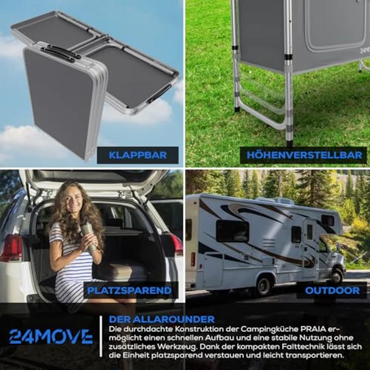 24MOVE® Campingküche Praia, faltbar und höhenverstellbar, Alu Reiseküche mit Arbeitsplatte und Staufächern, grau, inkl. Tragetasche – Bild 3