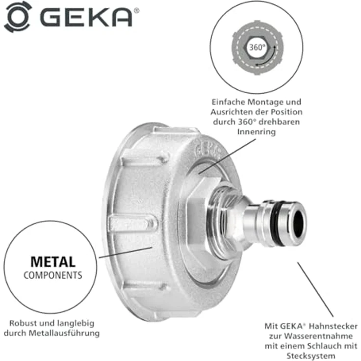GEKA Plus IBC Adapter Set Stecker, S60x6 Anschluss mit Innen- und Außengewinde G3/4, drehbarer Innenring, Aluminium und verchromter Messingstecker, für Gartenbewässerung – Bild 3