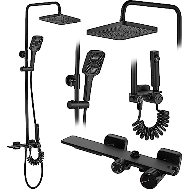 Rea Duschsystem HELIX Black, Duschset mit Duscharmatur, Regendusche 20 x 30 cm, Messing, Duschgarnitur für Badezimmer (Schwarz) – Bild 1