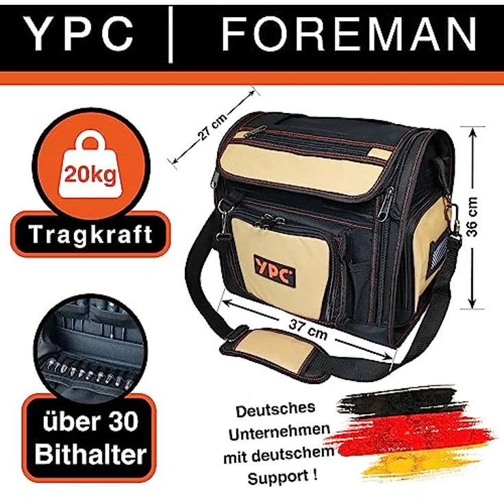 YPC Foreman Werkzeugtasche XL – Wasserfeste Aufbewahrungstasche mit 30 Fächern, robustem Metallgriff, Schultergurt, sand-schwarz, 37x36x27cm, 20 kg Tragkraft – Bild 2