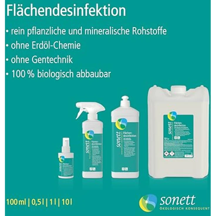 Sonett Flächendesinfektion Nachfüllflasche 1L Allzweckreiniger, geprüfte Wirksamkeit gegen behüllte Viren, Grippeviren, H1N1, H5N1, Herpes, HIV, Noroviren, MRSA- und ESBL-Keime - pflanzliche Inhaltsstoffe – Bild 3