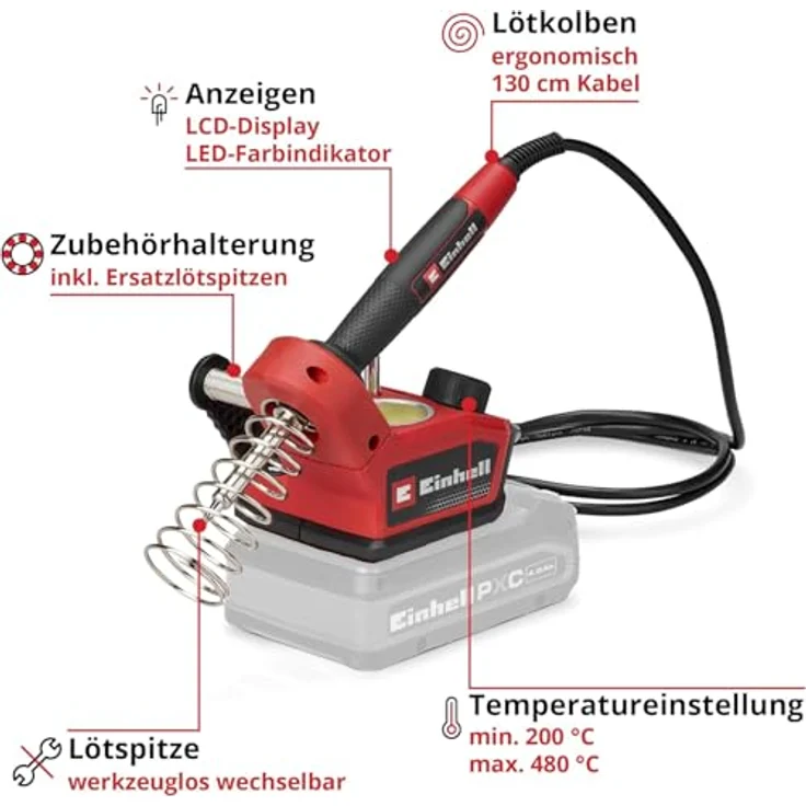 Einhell TE-SI 18/480 Li E - Solo Akku-Lötkolben 18V, Flachspitze, temperaturregulierbar 205 - 480°C, ohne Akku und Ladegerät – Bild 3