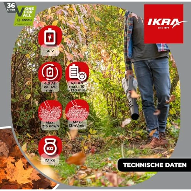 IKRA 36V Akku Laubbläser IB-LB 36, Blasgeschwindigkeit bis 215 km/h, kompatibel mit Bosch, variabel einstellbar, ergonomisch, grau – Bild 6