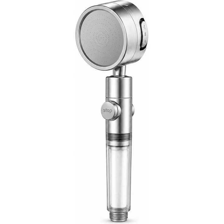 R2 Invest Handbrause Duschkopf mit Filter, 3 Strahlarten, STOP Taste und 1/2 Zoll Anschluss, silberfarben