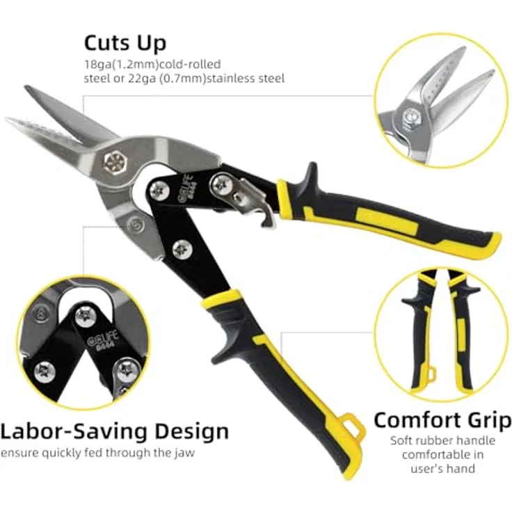 CCLIFE Blechschere Set 3 tlg, Cr-Mo Metallscheren mit ergonomischen Griffen, Linker, Rechter und Gerader Schnitt für Blech, Aluminium, Leder, Kupfer, 250mm lang – Bild 3