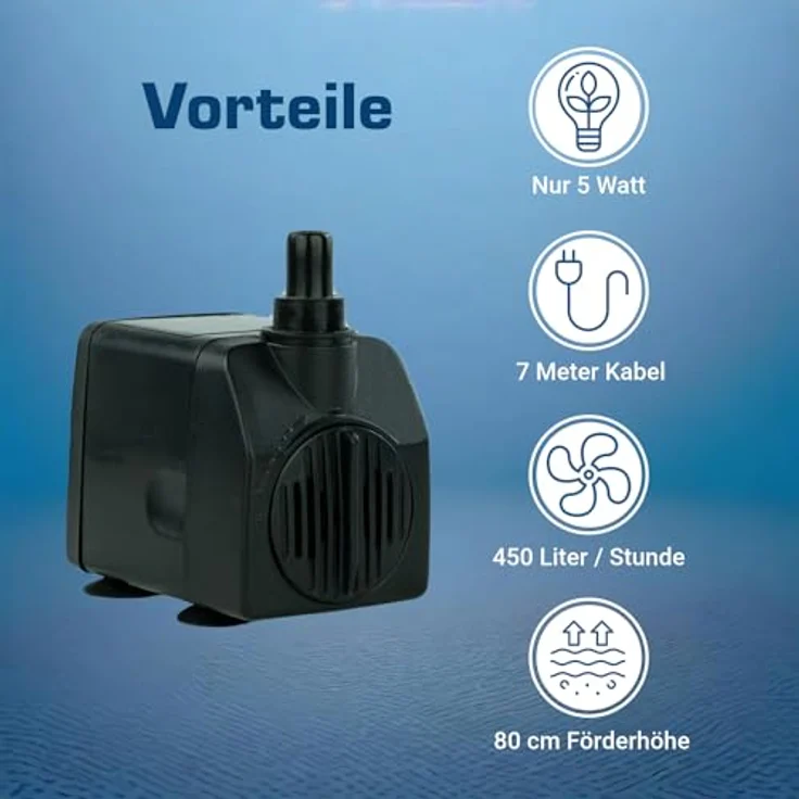 KERRY Wasserspiel-Pumpe KEP450L 12V – 450 L/H | nur 5 Watt | 7m Kabel | 80 cm Förderhöhe | Teichpumpe | Wasserpumpe | Aquariumpumpe | Zimmerbrunnen-Pumpe, Schwarz – Bild 3